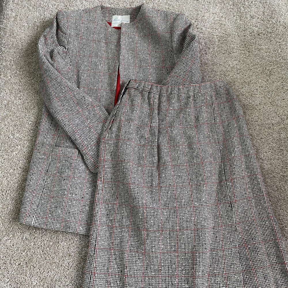 Vintage Ruth Young Skirt Suit Womens 14 Gray Plaid Tweed Jacket Career Set